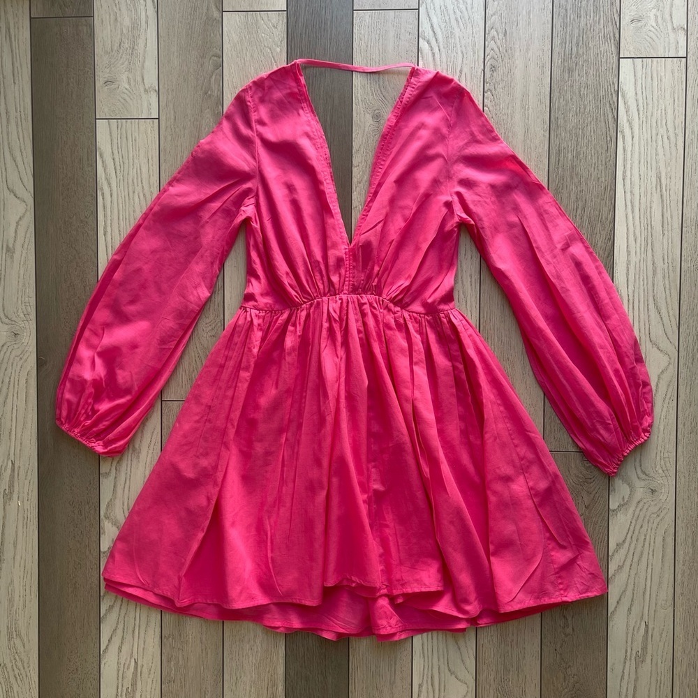 Kalita Aphrodite Gathered Cotton Mini Vibrant Pink Dress